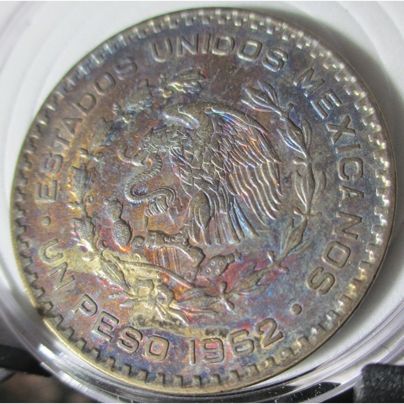 1962-MO Mexican UNO 1 Peso — Silver—Rainbow STUNNING!! Tone - Picture 3 of 4